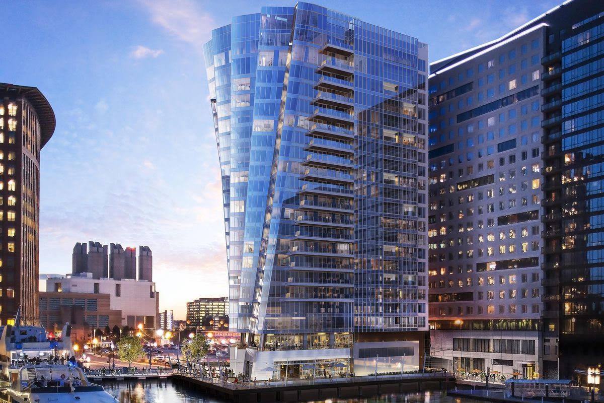 An artist 's impression of a tall building in a city