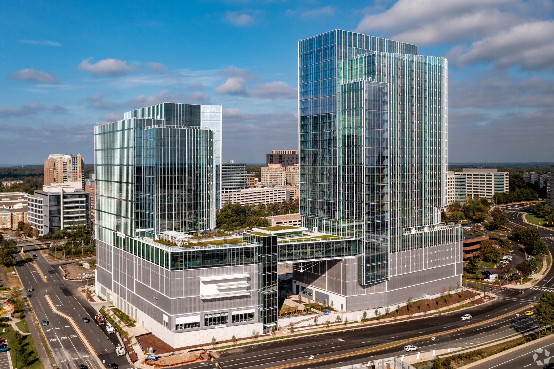 An aerial view of a large building in a city.