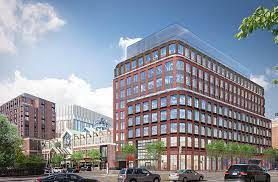 An artist 's impression of a large brick building with cars parked in front of it.