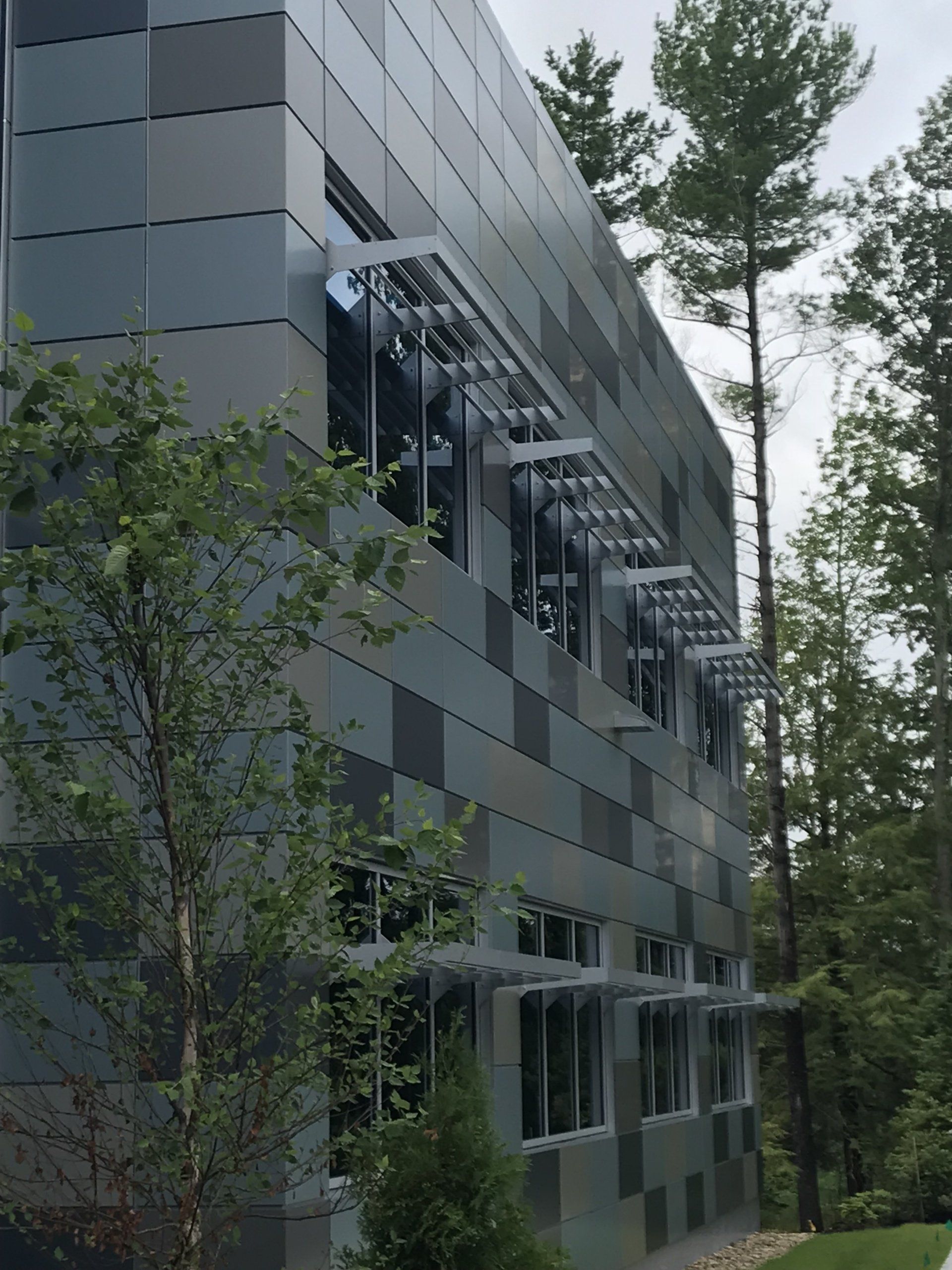 A large building with lots of windows is surrounded by trees