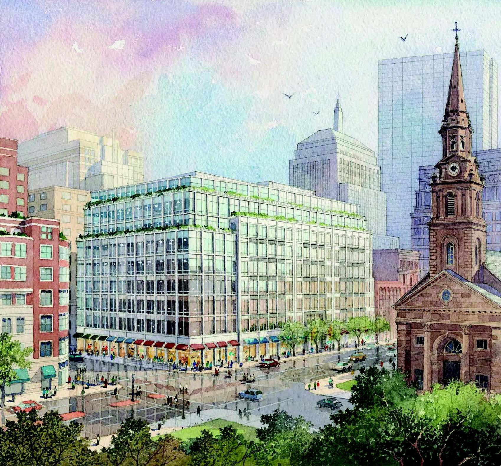 A painting of a city with a church in the foreground