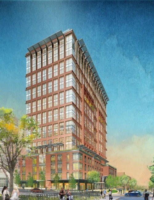 An artist 's impression of a tall building with lots of windows