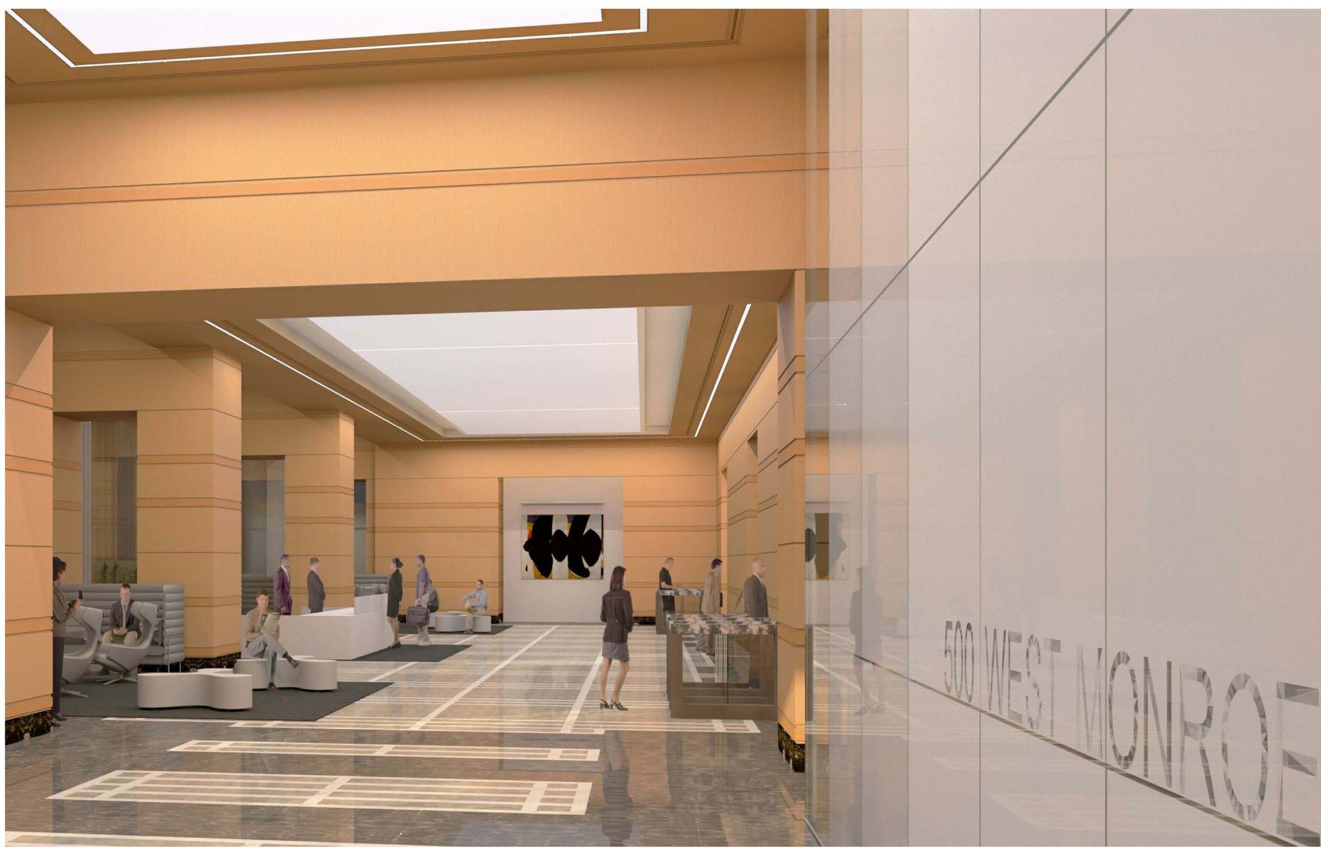 An artist 's impression of the interior of a building with a sign on the wall that says