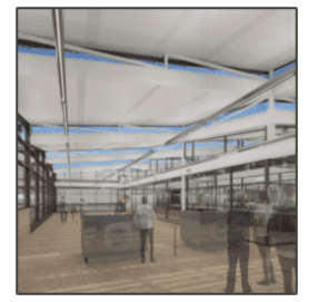 An artist 's impression of a large building with people walking around