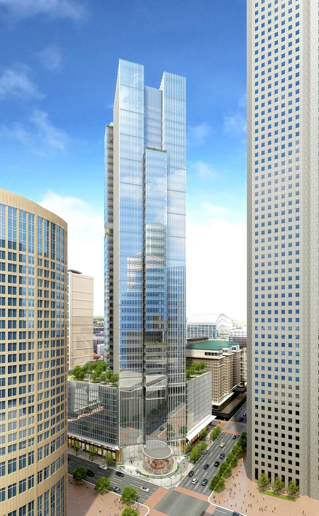 An artist 's impression of a skyscraper in a city