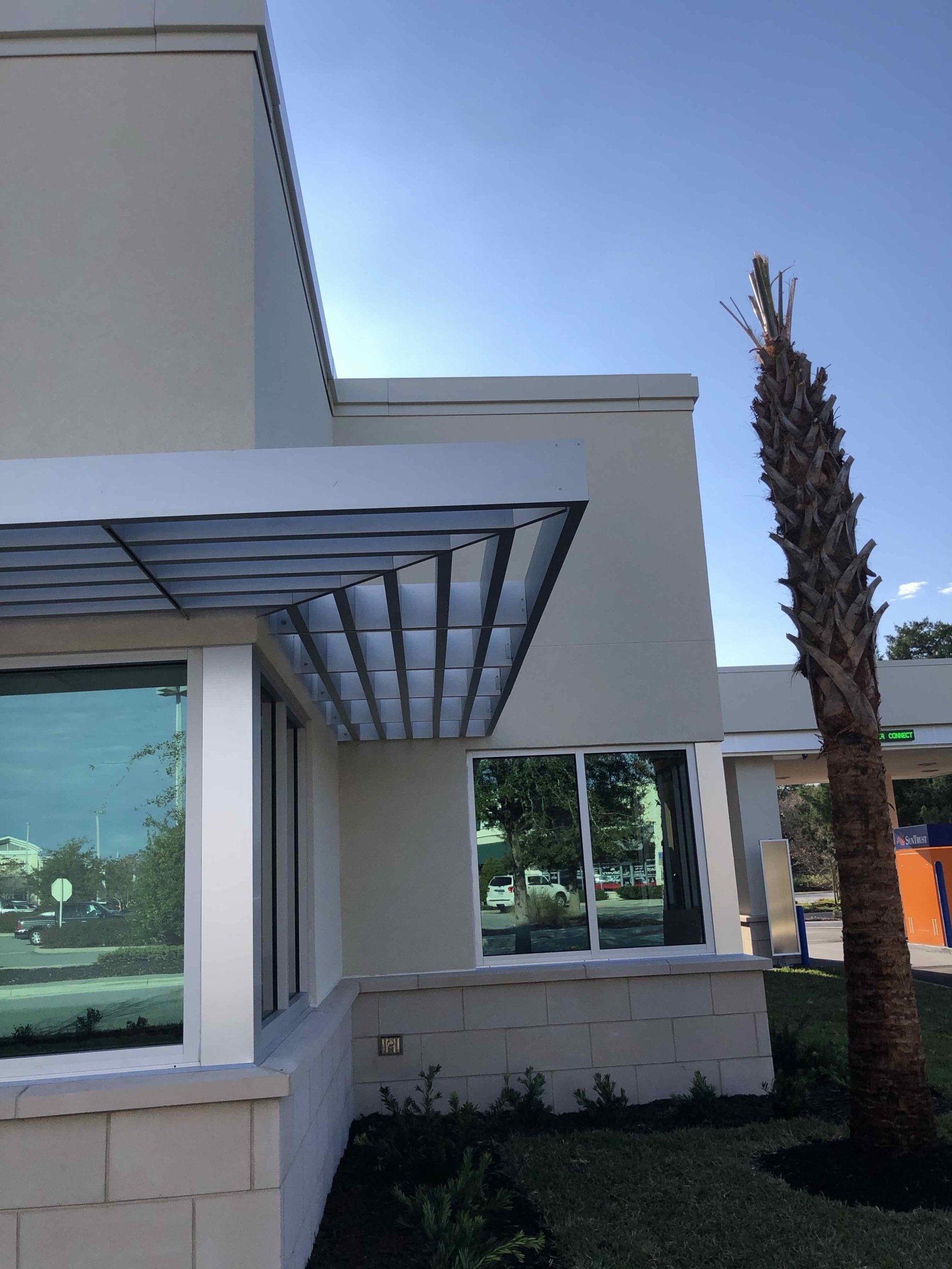 A white building with a palm tree in front of it
