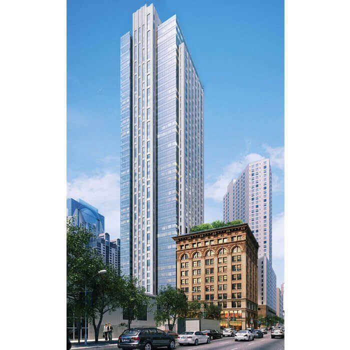 An artist 's impression of a tall building in a city