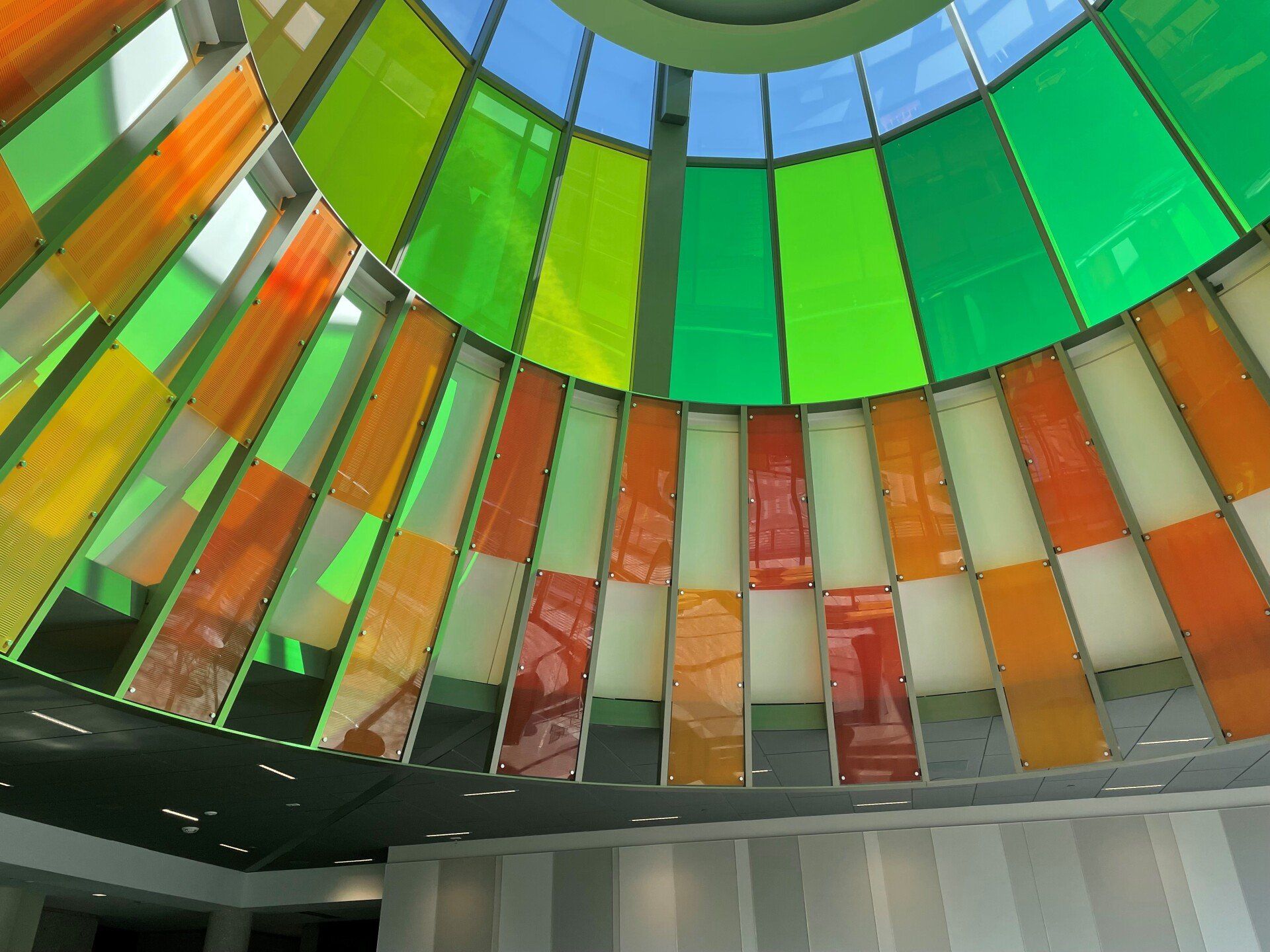 Looking up at a dome with stained glass windows