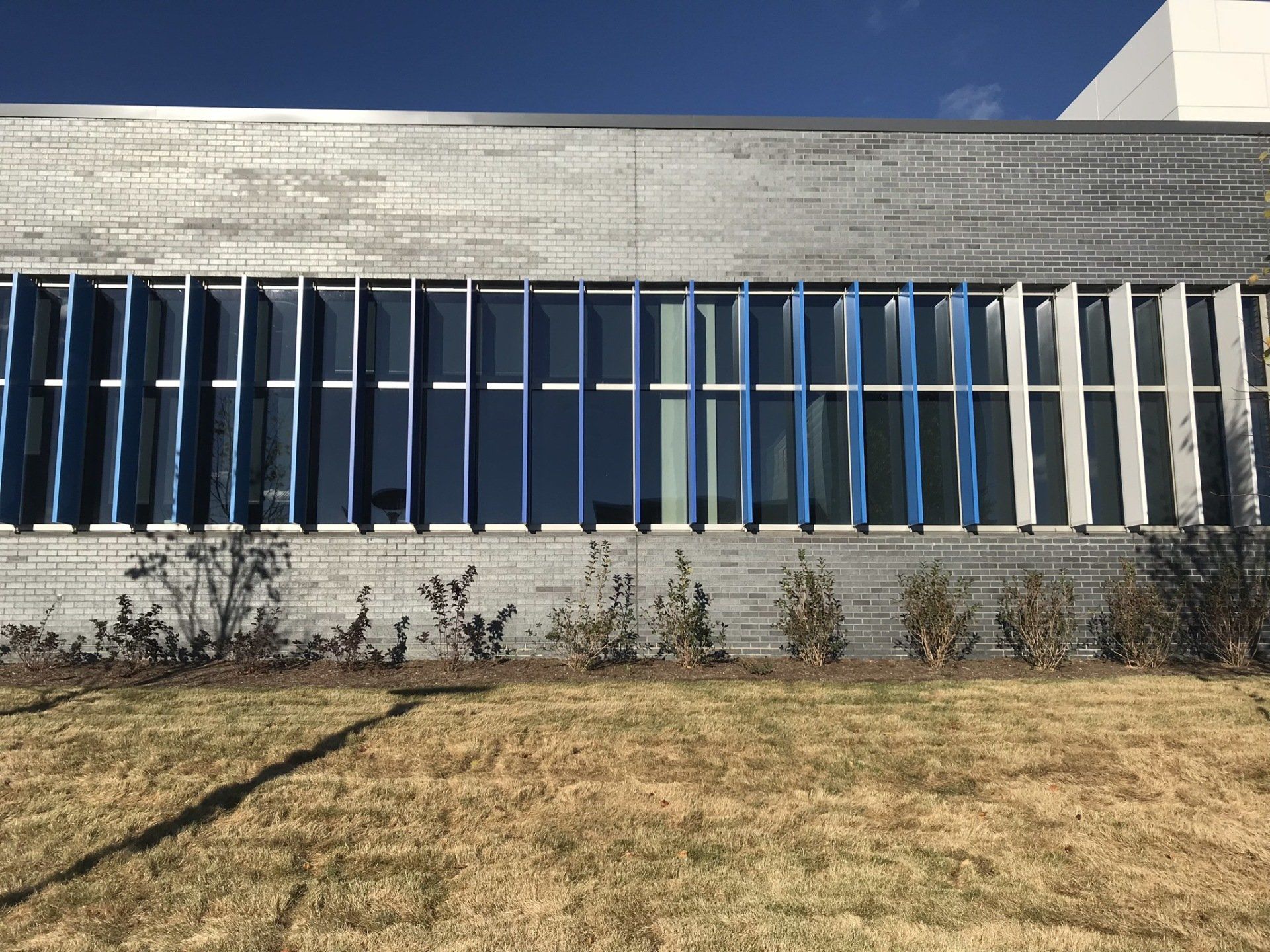 A building with a lot of windows and a grassy area in front of it