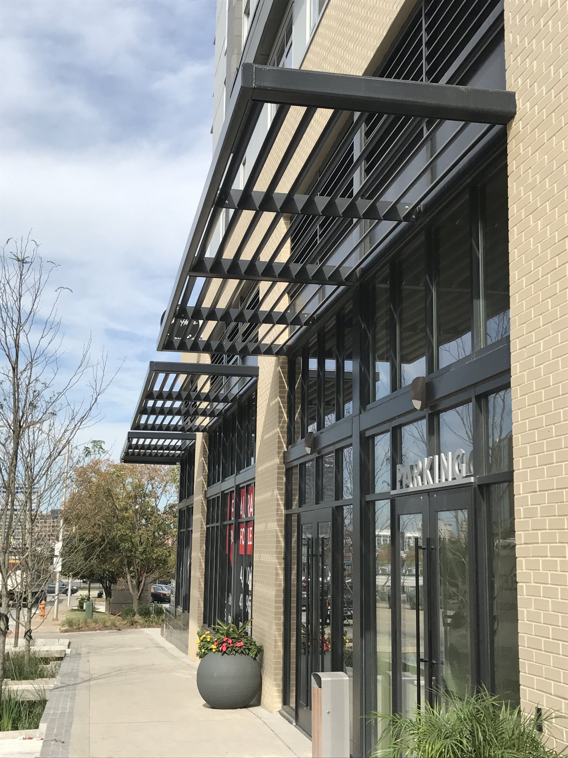 A building with a canopy on the side of it