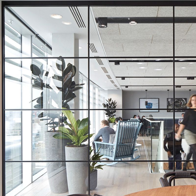 A woman is standing in a room with lots of windows and plants