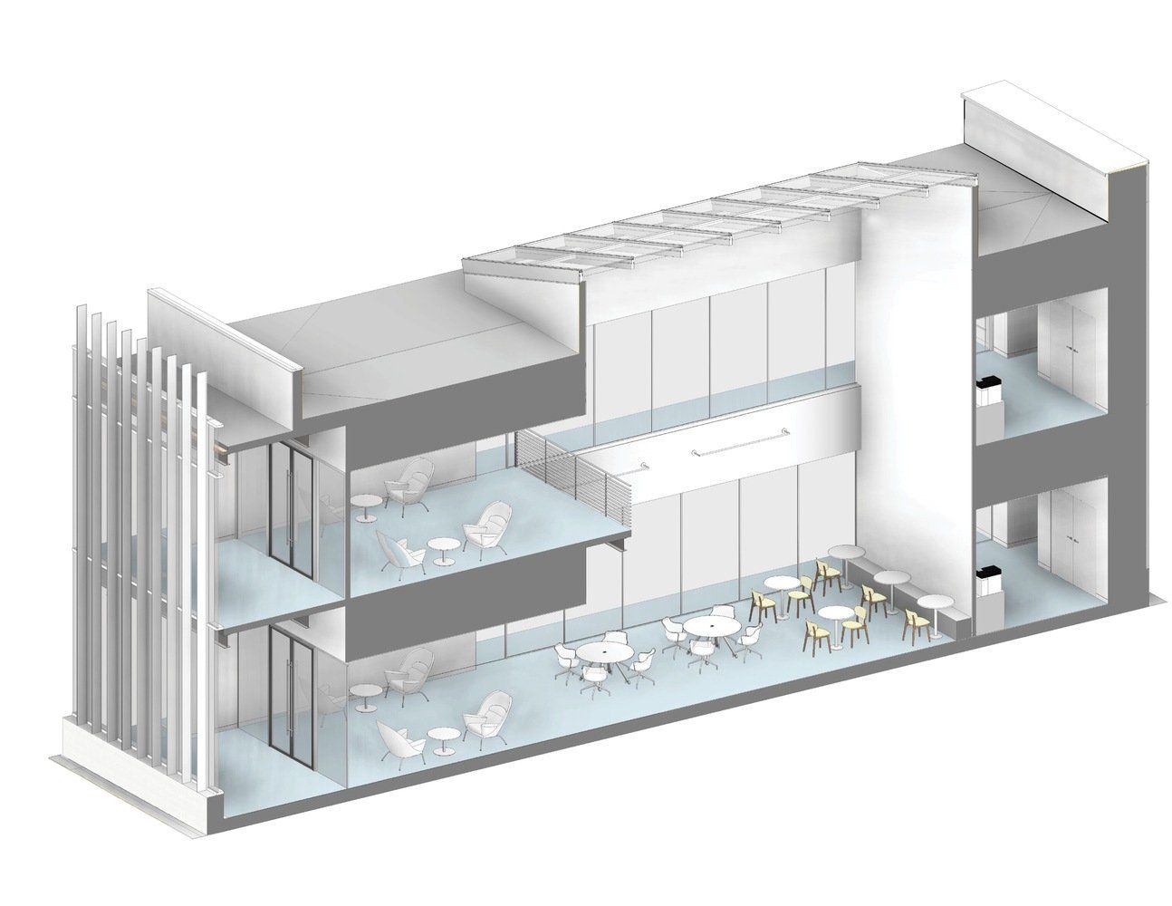 An isometric view of a building with tables and chairs