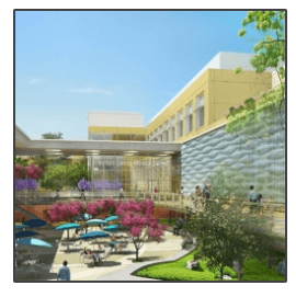 An artist 's impression of a building with trees and umbrellas