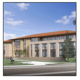 An artist 's impression of a large building with a red roof