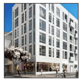 An artist 's impression of a large white building with lots of windows