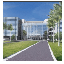 An artist 's impression of a large building with palm trees in front of it