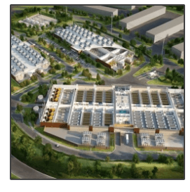 An aerial view of a large building with lots of parking spaces