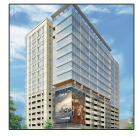 A tall building with a large imax sign on the side
