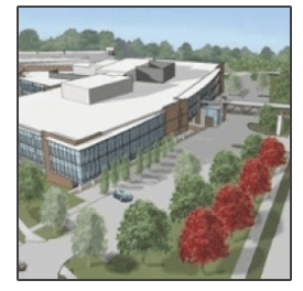 An artist 's impression of a large building surrounded by trees