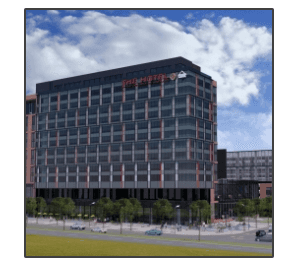 An artist 's impression of a large building with the word property on it