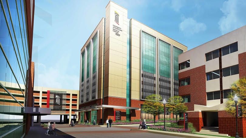 A large building with the letter t on it