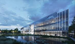 An artist 's impression of a large glass building with a pond in front of it.