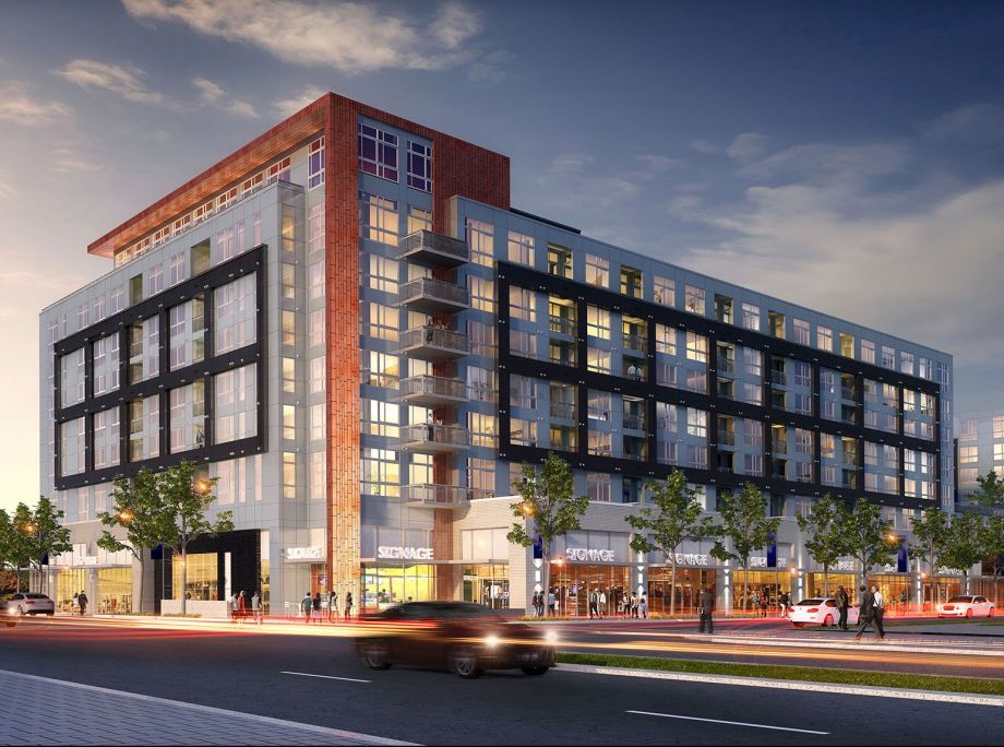 An artist 's impression of a large apartment building with a lot of windows.