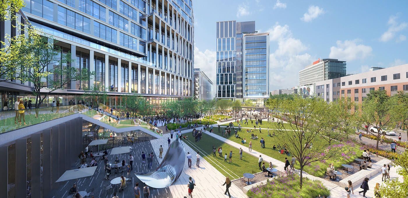 An artist 's impression of a park surrounded by tall buildings in a city.
