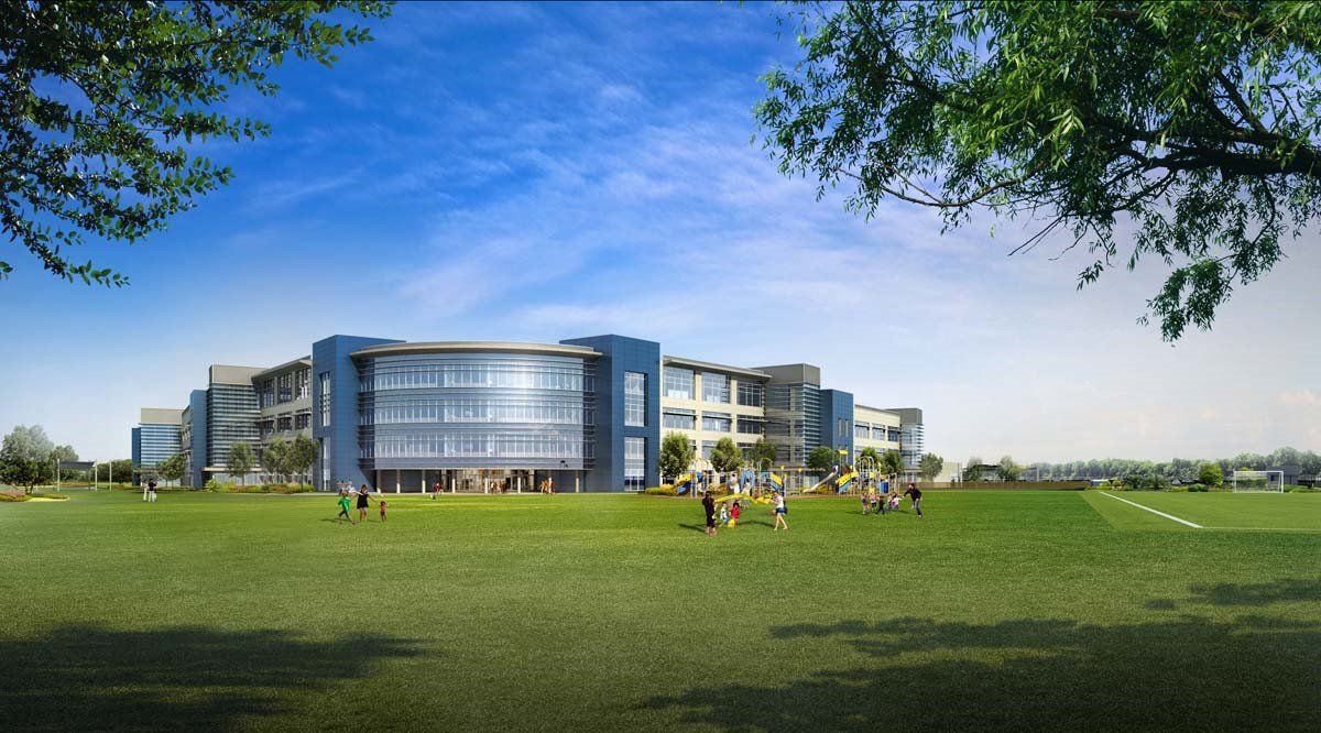 An artist 's impression of a large building with a large grassy field in front of it