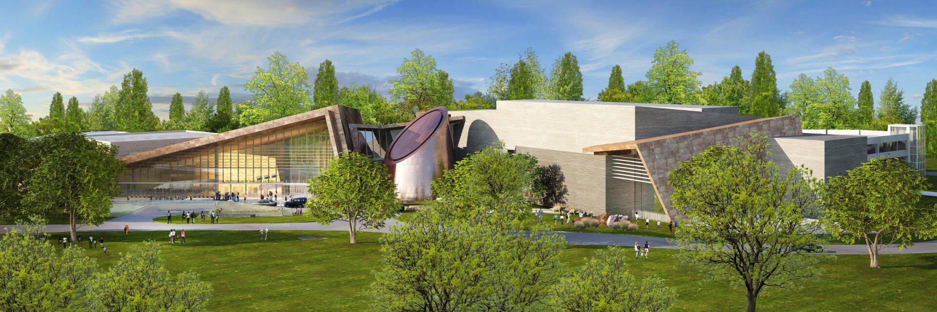 An artist 's impression of a large building surrounded by trees.