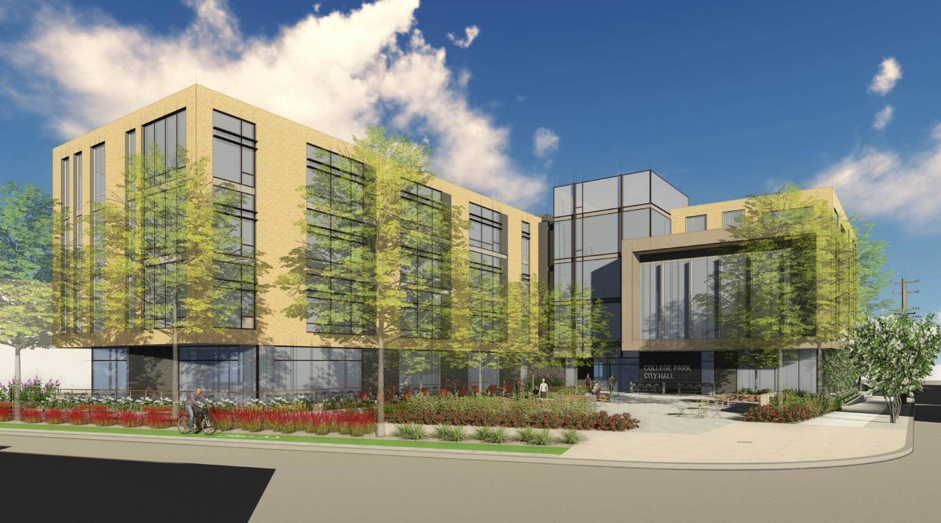 An artist 's impression of a large building with lots of windows surrounded by trees.