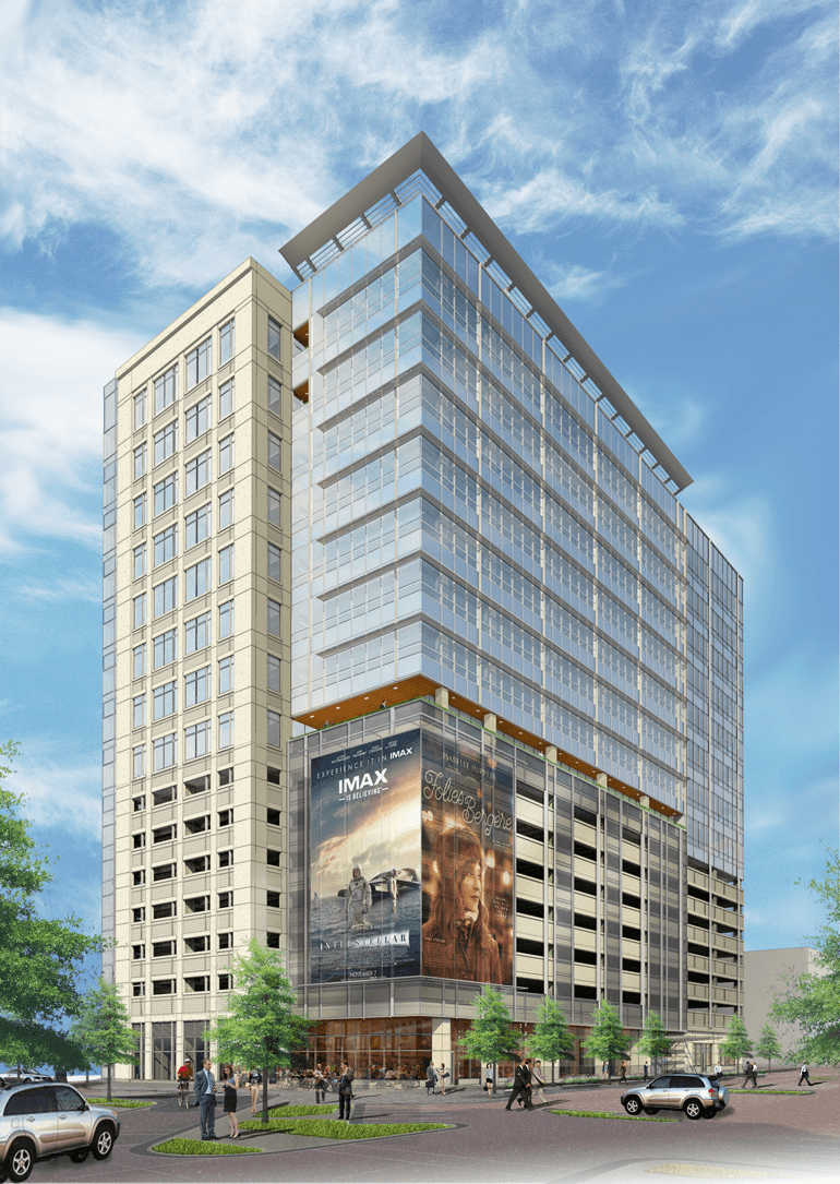 An artist 's impression of a tall building with a large billboard on the side.