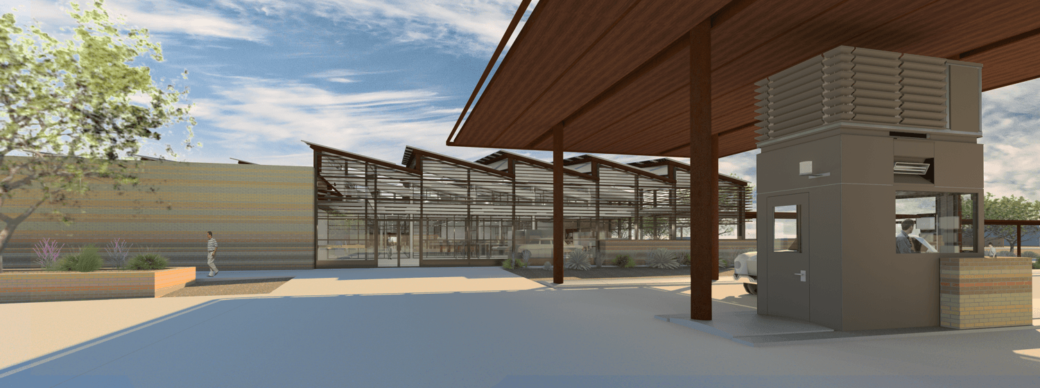 An artist 's impression of a building with a roof that is covered in wood.