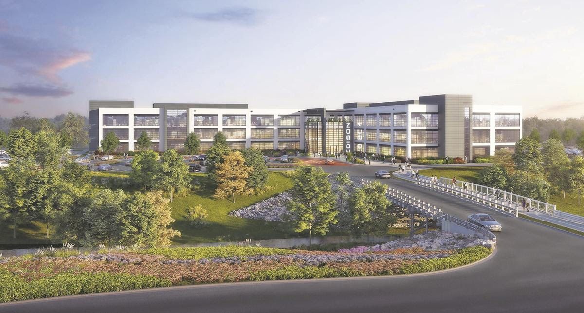 An artist 's impression of a large building surrounded by trees and flowers.