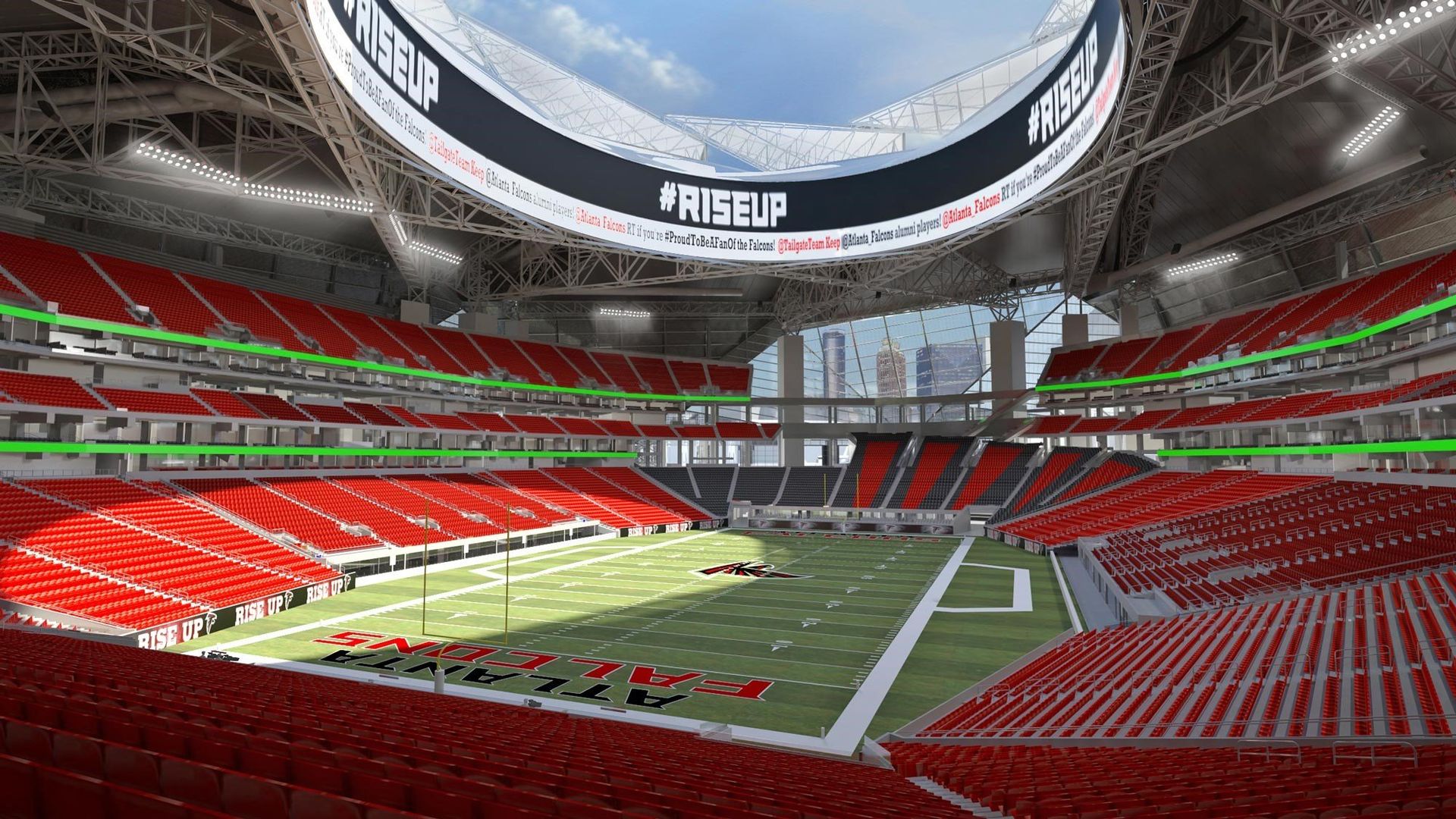 An artist 's impression of a football stadium with red seats.