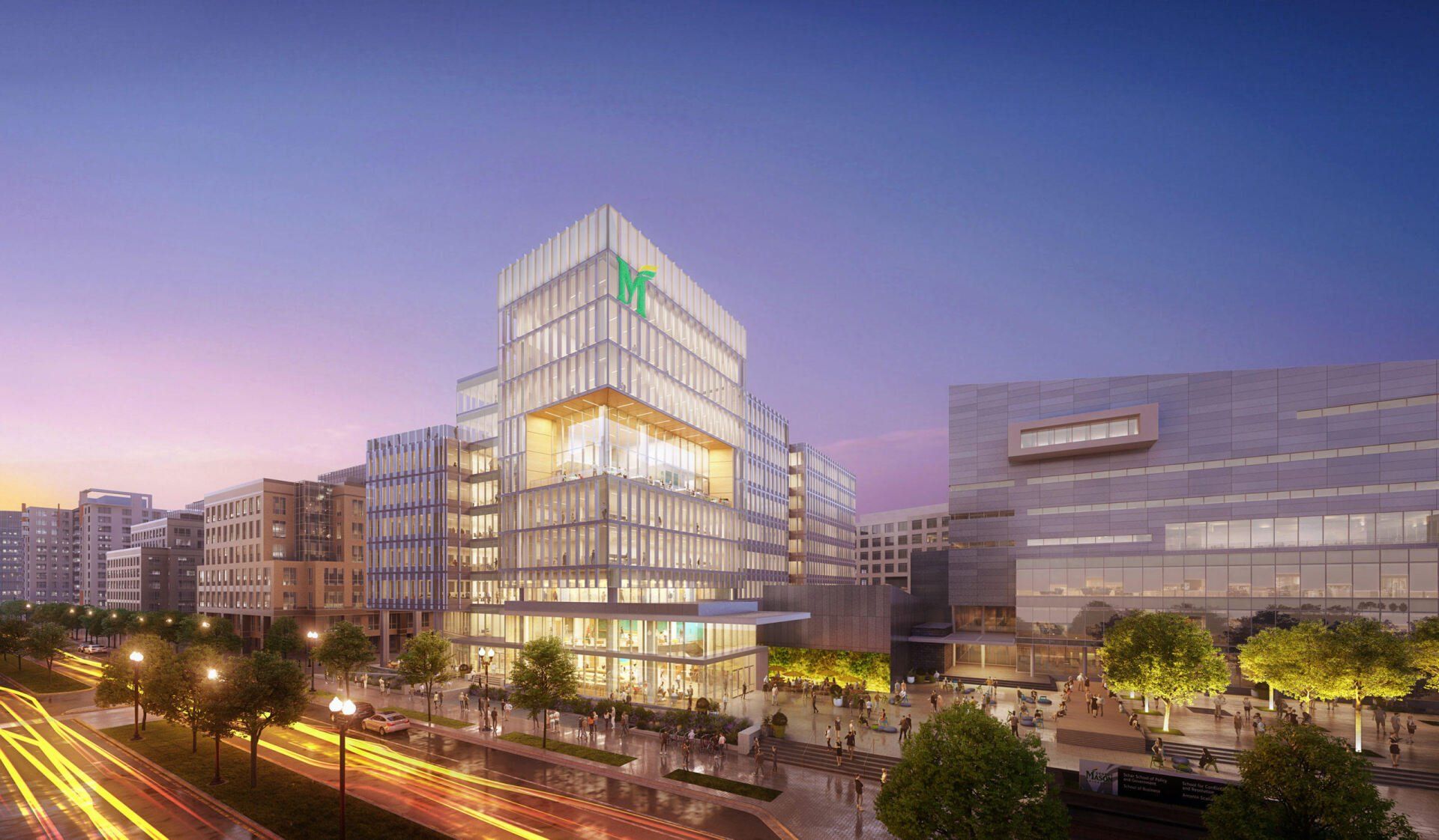 An artist 's impression of a large building in a city at night.