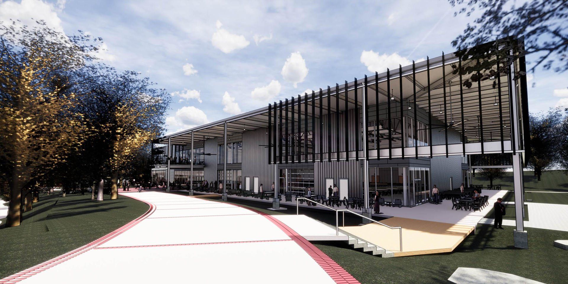 An artist 's impression of a large building with a walkway leading to it.