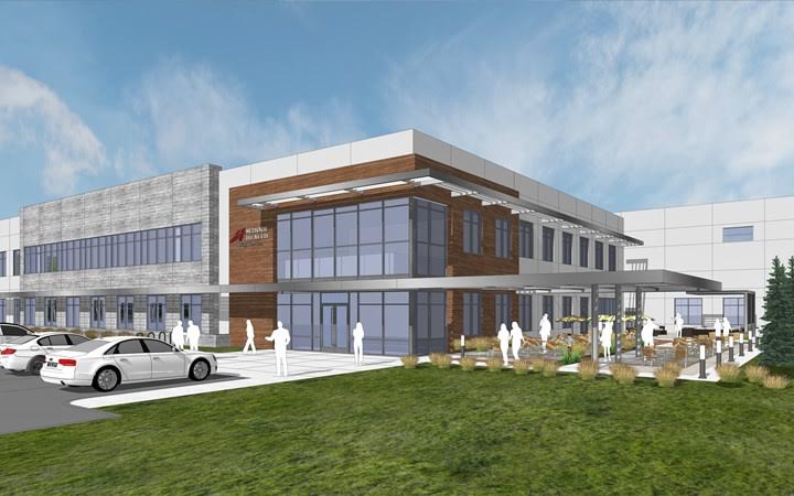 An artist 's impression of a large building with cars parked in front of it.