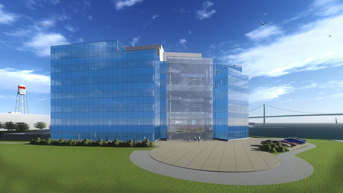 An artist 's impression of a large blue building
