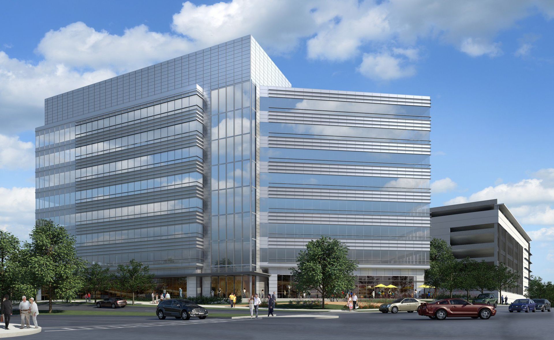 An artist 's impression of a large building with cars parked in front of it