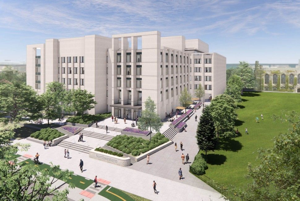 A large building with a lot of windows is surrounded by trees and people.