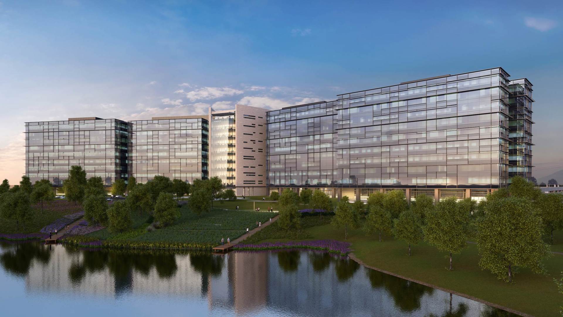 An artist 's impression of a large building next to a body of water.