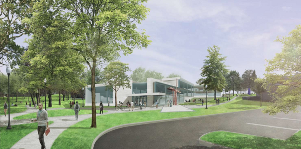 An artist 's impression of a building in a park