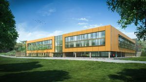 An artist 's impression of a large orange building with lots of windows