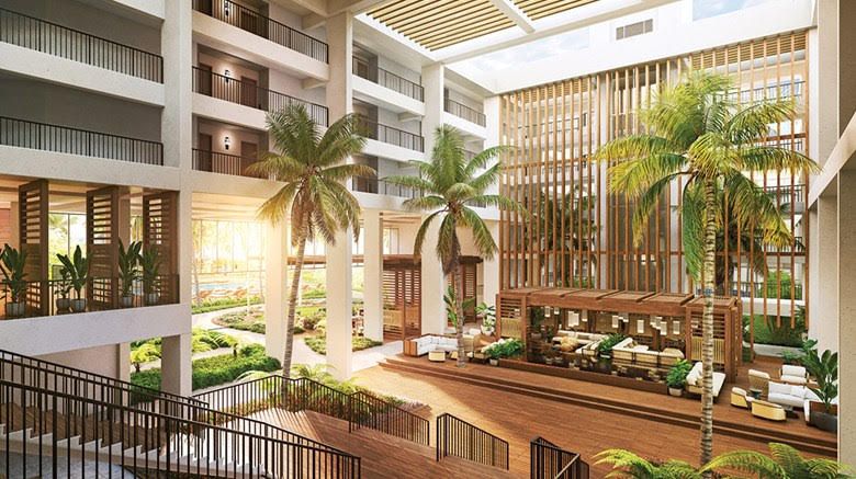 An artist 's impression of the lobby of a hotel with palm trees.
