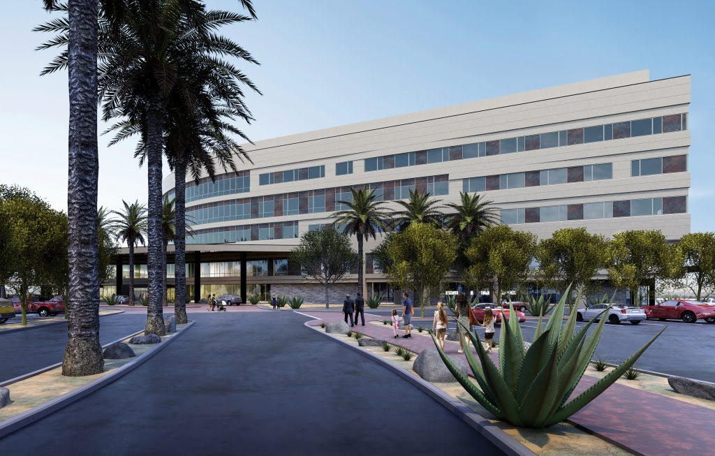An artist 's impression of a large building with palm trees in front of it.