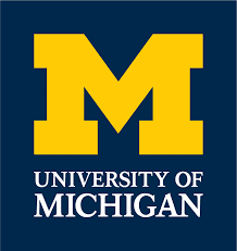 the university of michigan logo is a yellow letter m on a blue background .