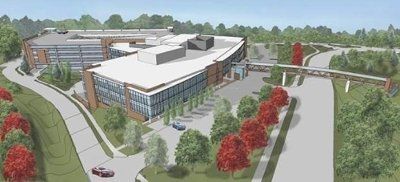 An artist 's impression of a large building surrounded by trees
