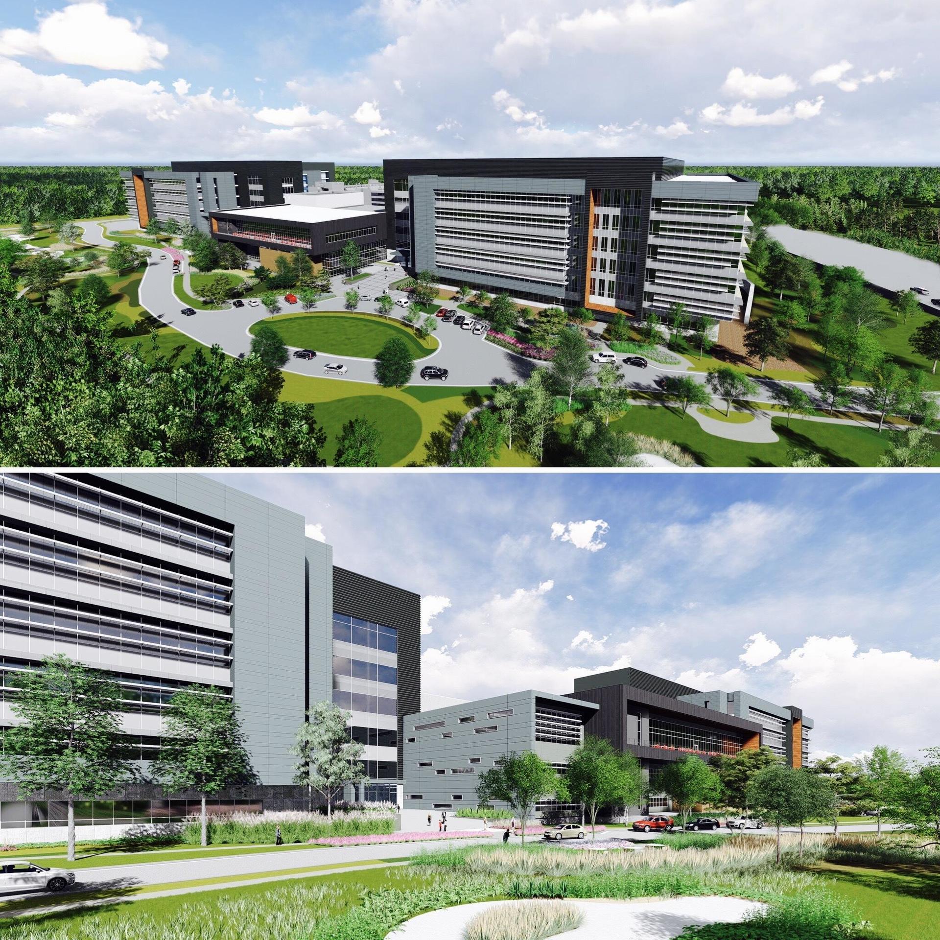 An artist 's impression of a large building surrounded by trees