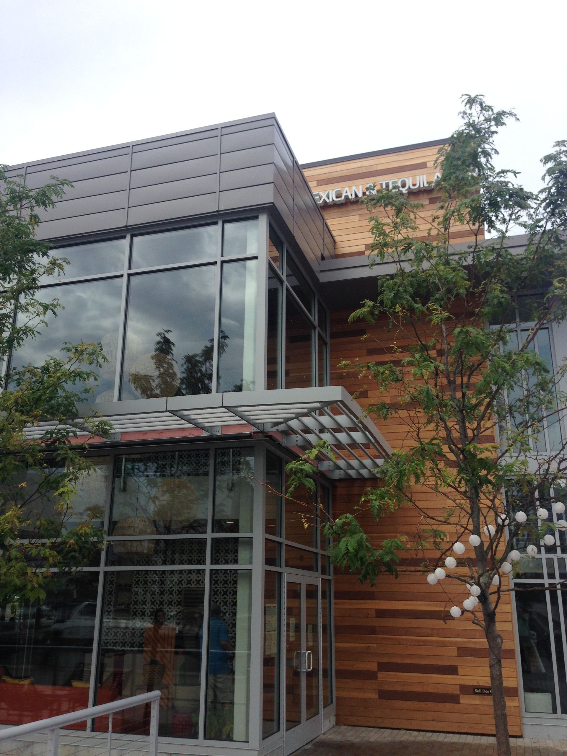 A large building with lots of windows and a tree in front of it
